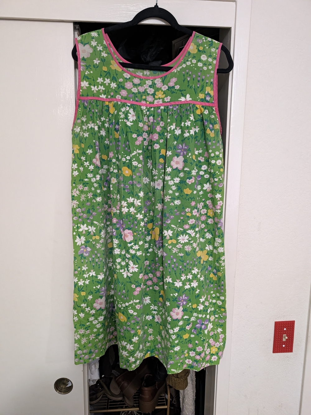 Womens Green Floral Nightgown with Pink Trim